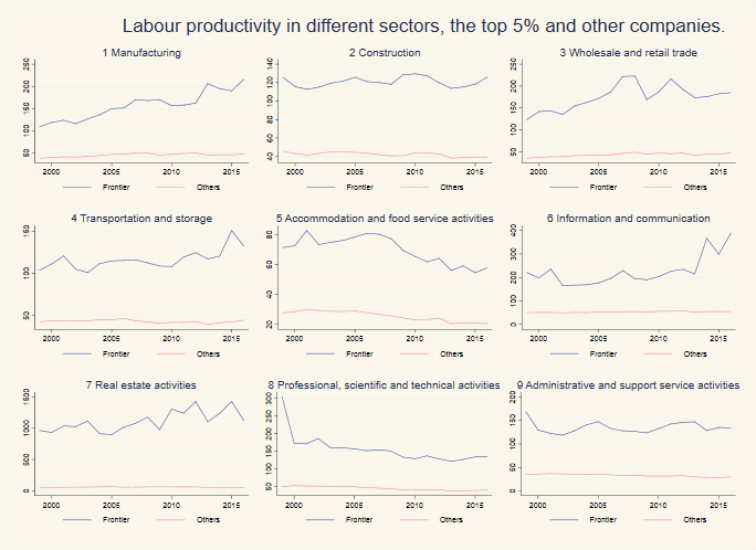 Labour productivity in different sectors, the top 5% and other companies