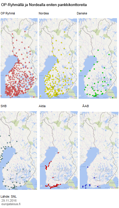 OP Ryhmällä ja Nordealla eniten pankkikonttoreita