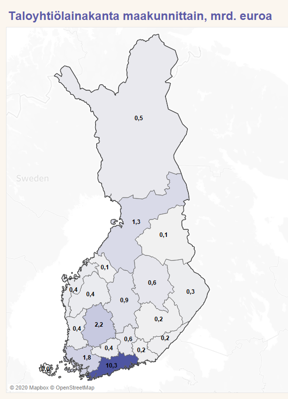 Taloyhtiölainakanta maakunnittain, mrd. euroa