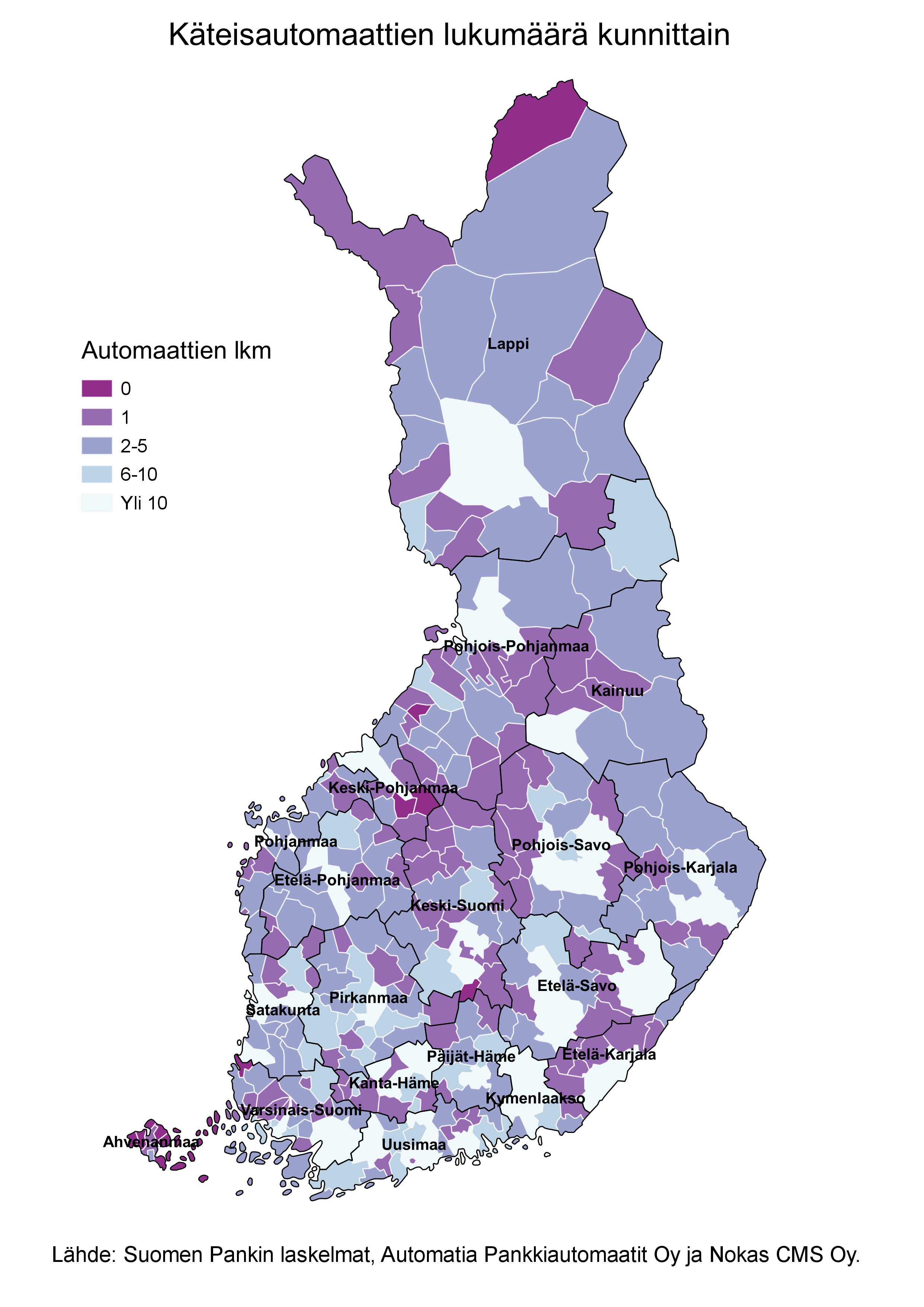 Käteisautomaattien lukumäärä kunnittain