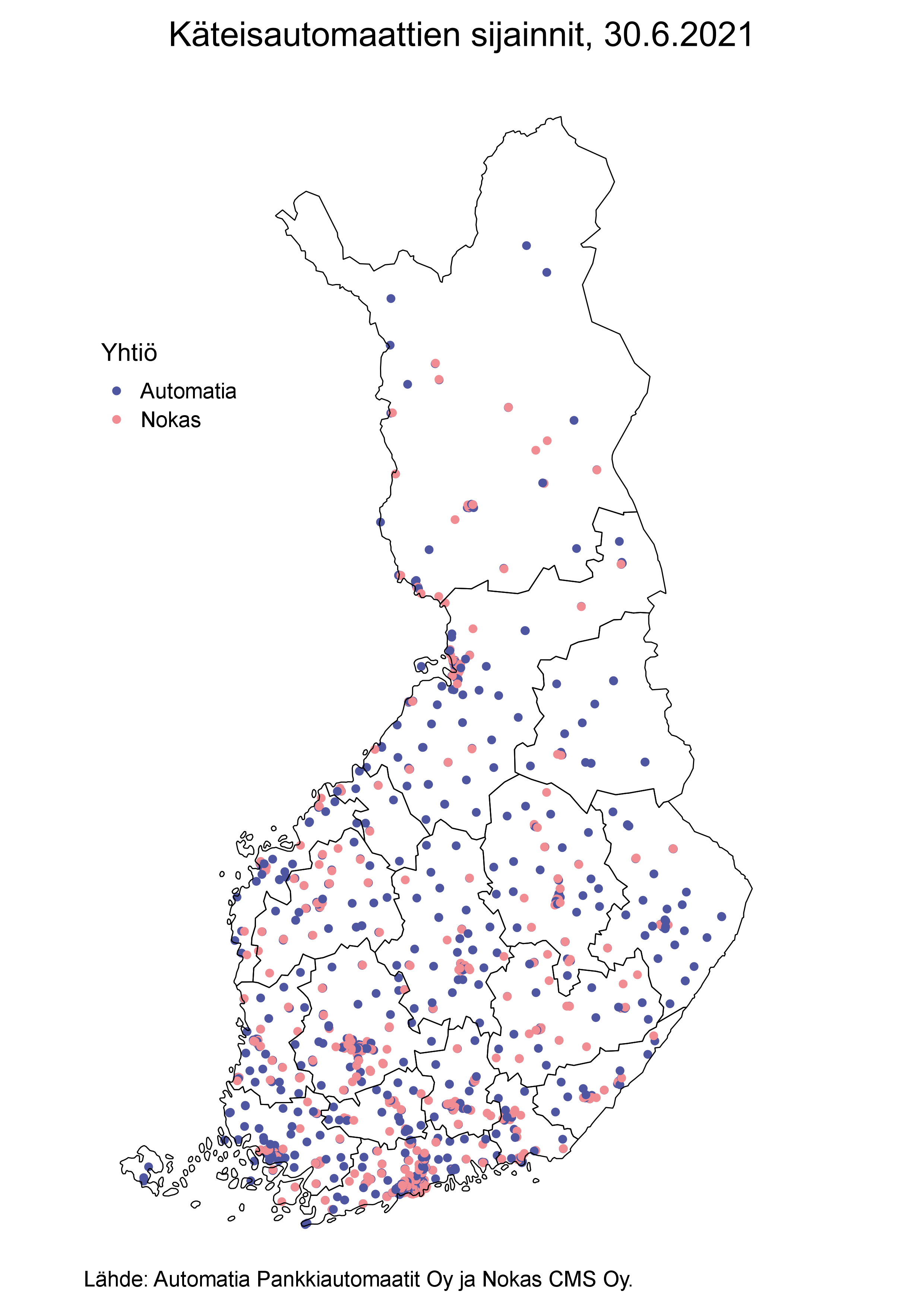 Käteisautomaattien sijainnit, 30.6.2021