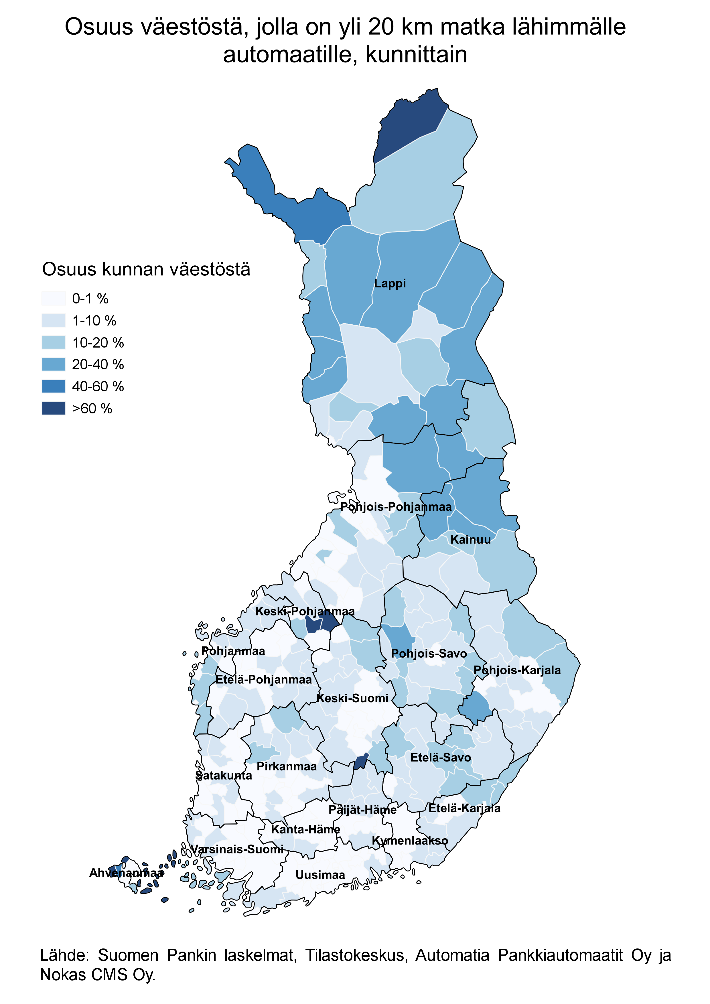 Osuus väestöstä, jolla on yli 20 km matka lähimmälle automaatille, kunnittain