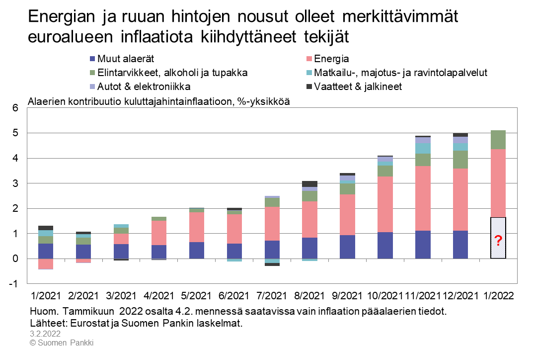 Energian ja ruuan hintojen nousut olleet merkittävimmät euroalueen inflaatiota kiihdyttäneet tekijät