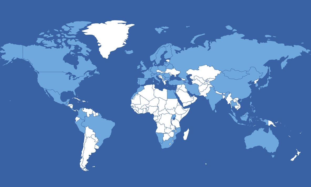 Countries to which a simulator license has been distributed are in blue